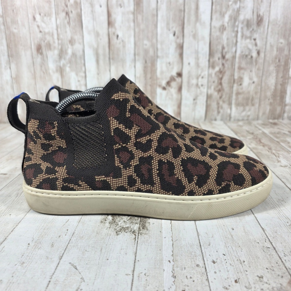 Rothys The Chelsea Leopard Print Knit Slip On Sneaker Boots Womens 9 Brown Black